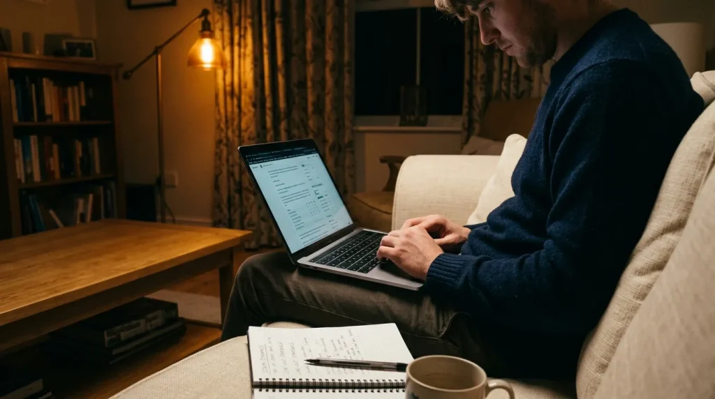 Bettor on a sofa reviewing rugby match notes on a laptop in a quiet living room