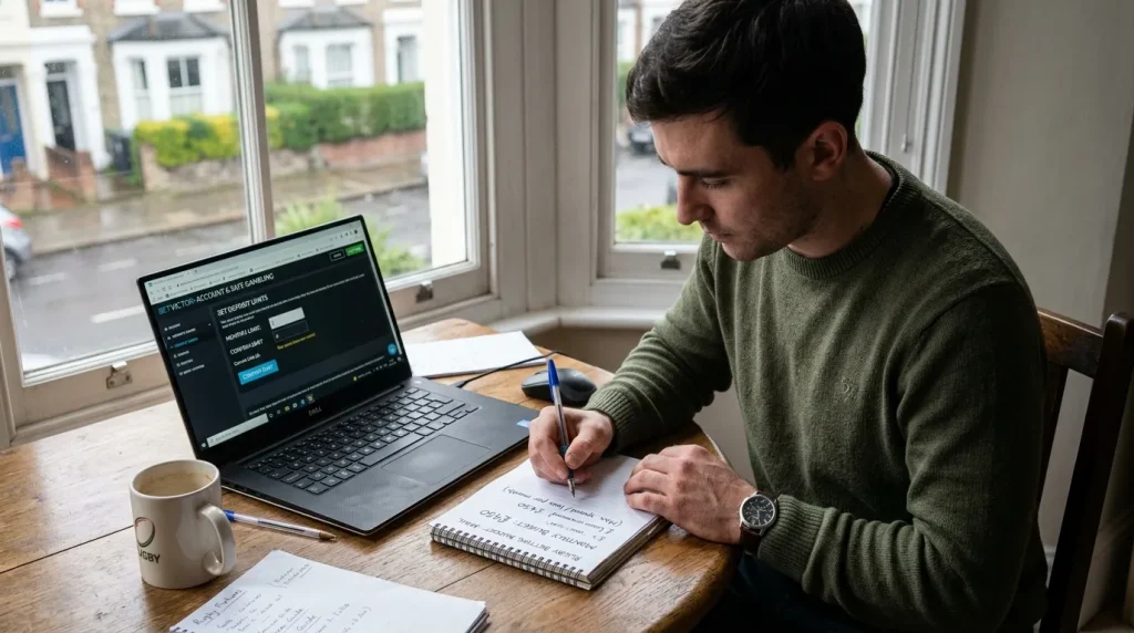 Rugby bettor writing a monthly betting budget into a notepad before adjusting account limits