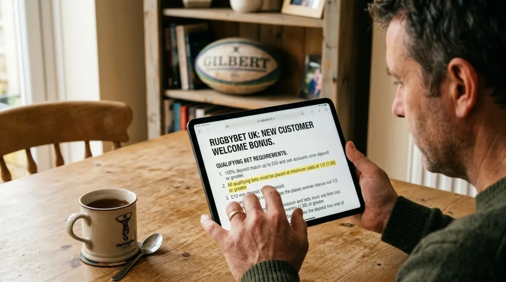 Bettor inspecting qualifying odds and eligible-markets clause of a rugby welcome bonus on a tablet
