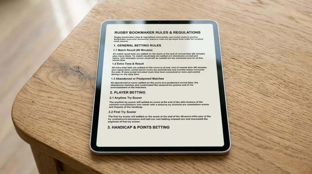 Tablet open on a sportsbook rules page showing rugby ante-post terms and maximum payout limits