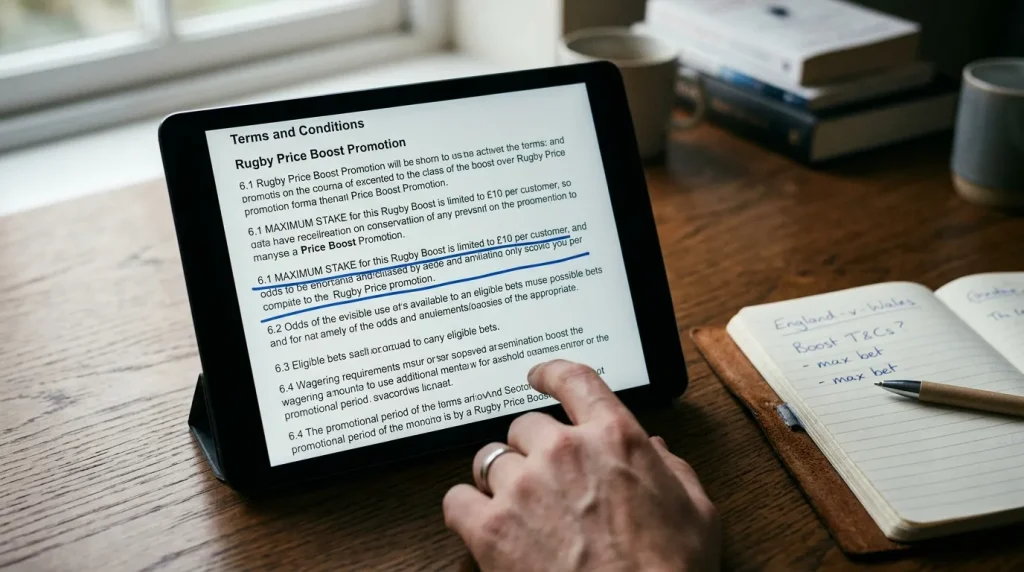 Promotional terms and conditions for a rugby price boost displayed on a tablet
