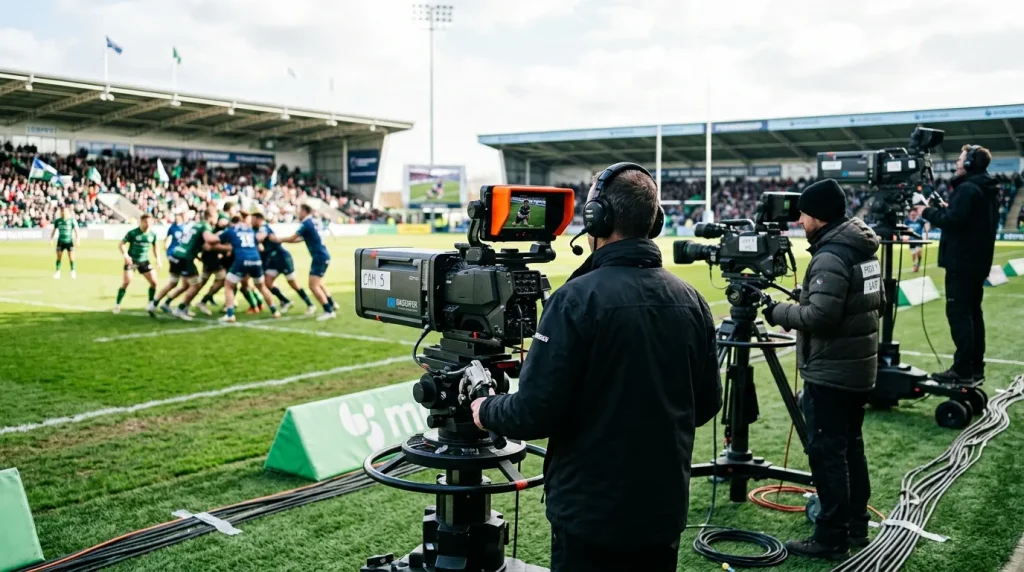 Broadcast cameras positioned around a rugby stadium during a Premiership match