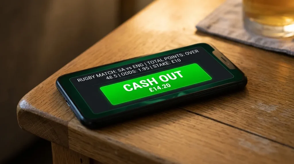 Smartphone screen showing a glowing cash out button on a live rugby bet during a Premiership match