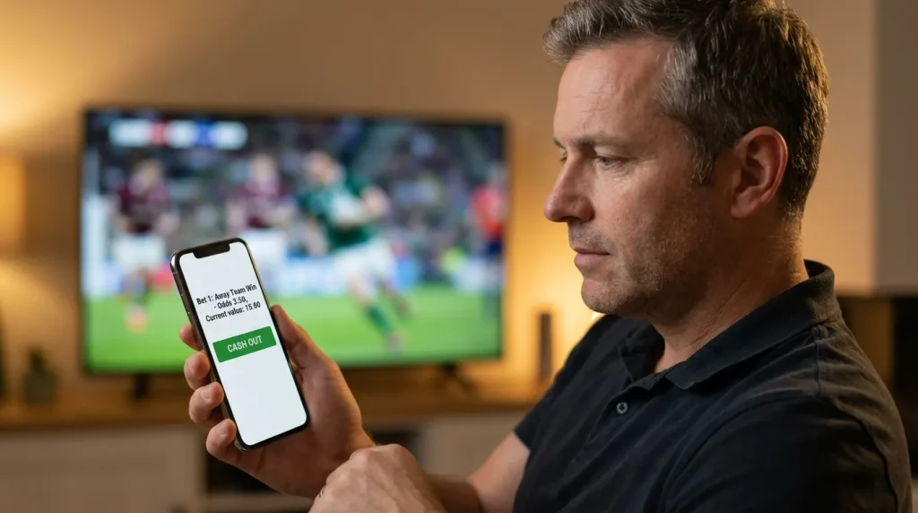 UK punter holding a phone showing a cash out offer during the final minutes of a tight rugby match