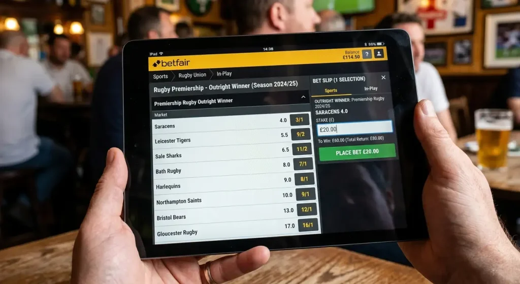 Outright winner market for a rugby tournament with cash stake entered into a bet slip