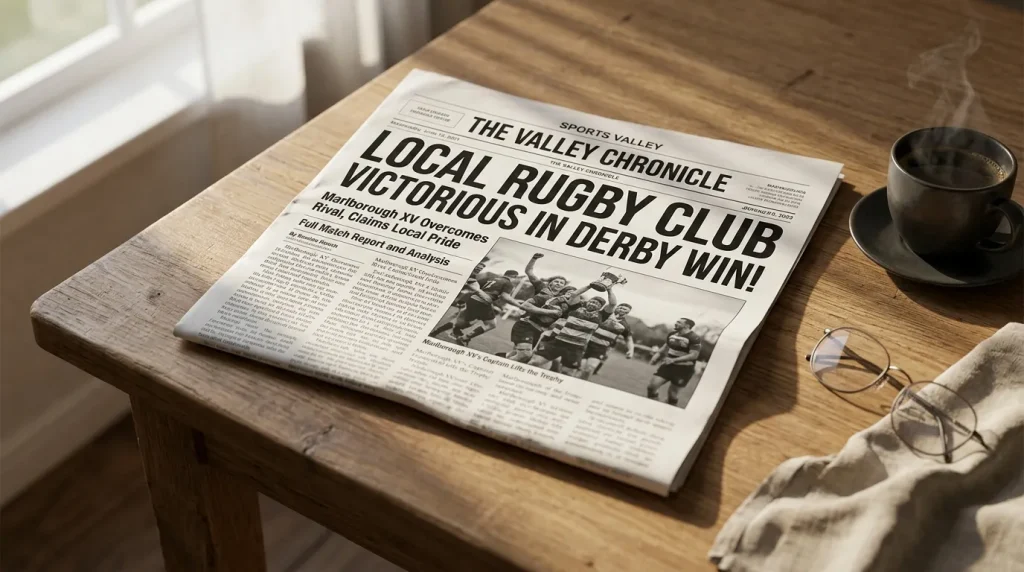 Local newspaper sports page with Championship rugby reports spread on a table