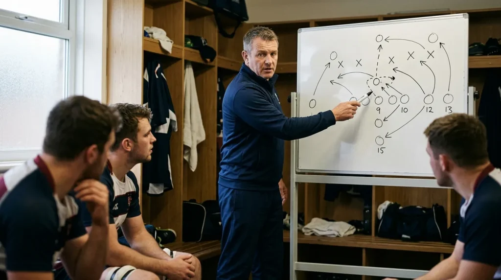 Rugby head coach pointing at a simple tactical line drawing on a whiteboard