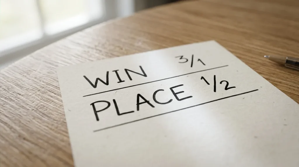 Close-up of a betting slip showing a rugby each-way bet split into win and place halves with the fraction highlighted
