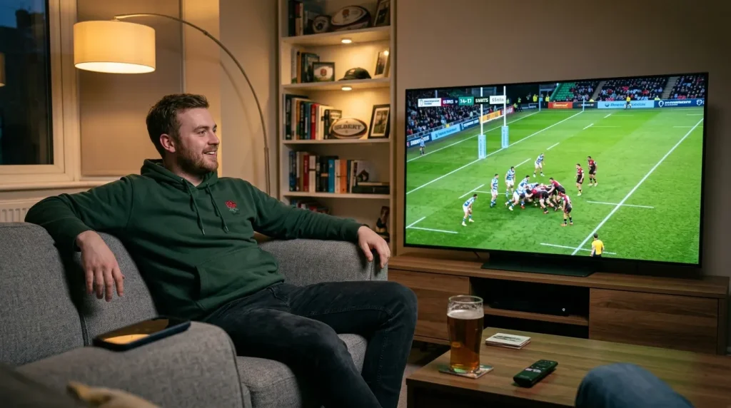UK rugby fan watching a Premiership match on television at home with a phone nearby