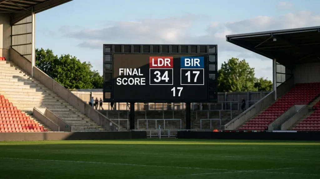 Stadium scoreboard showing a finished Premiership rugby match with the margin between sides clearly visible