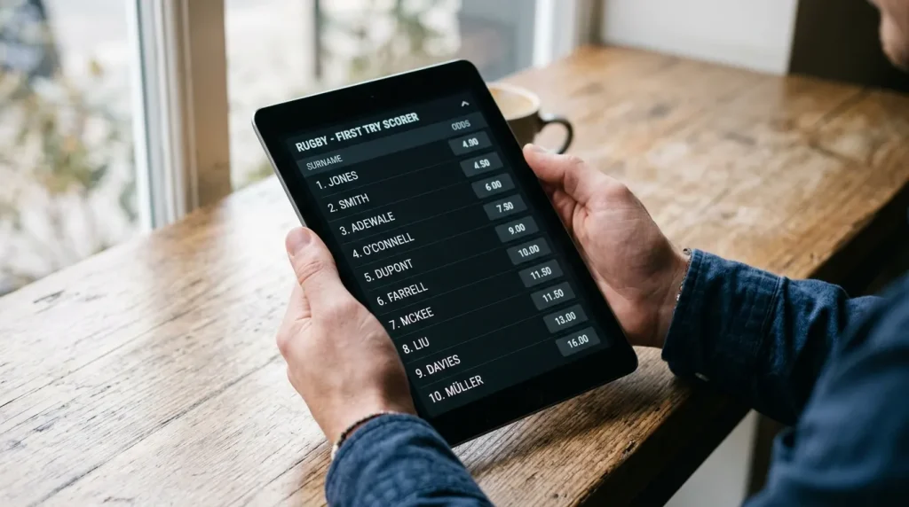 A tablet screen showing a rugby first try scorer market with a long list of player names and prices next to each