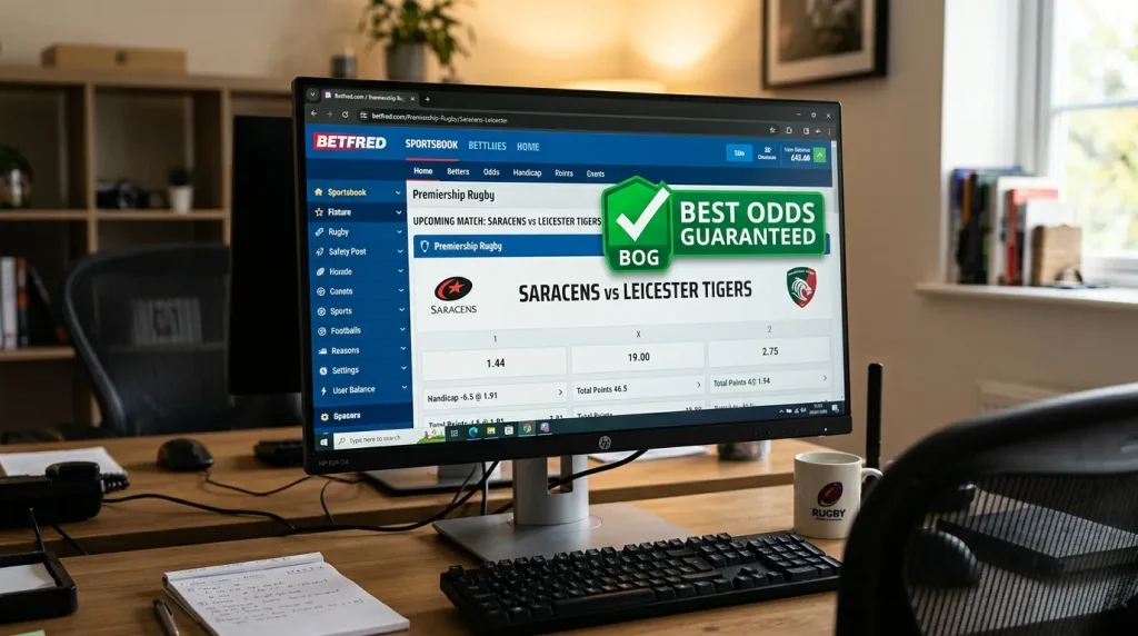 Premiership rugby fixture card on a UK sportsbook with a best odds guaranteed badge above the prices