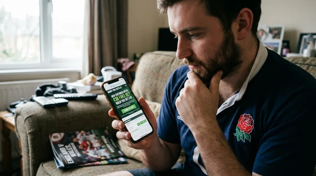 UK rugby fan holding a smartphone showing a new-customer free bet offer banner ahead of a Six Nations weekend