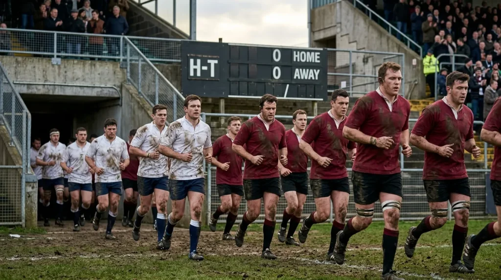 Rugby teams jogging into the tunnel at half-time of a UK Premiership fixture