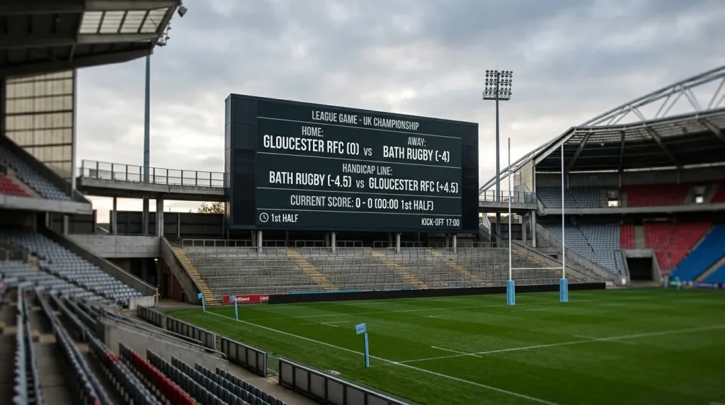 Stadium scoreboard at a UK rugby ground showing a handicap line applied to a mismatched fixture