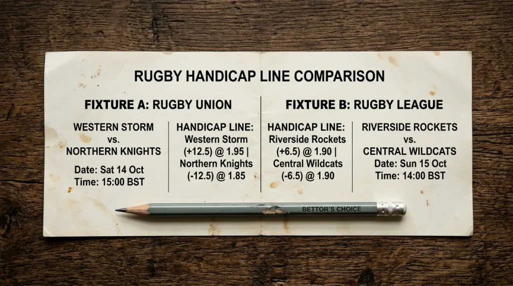 Printed bookmaker coupon with handicap lines for a union and a league fixture