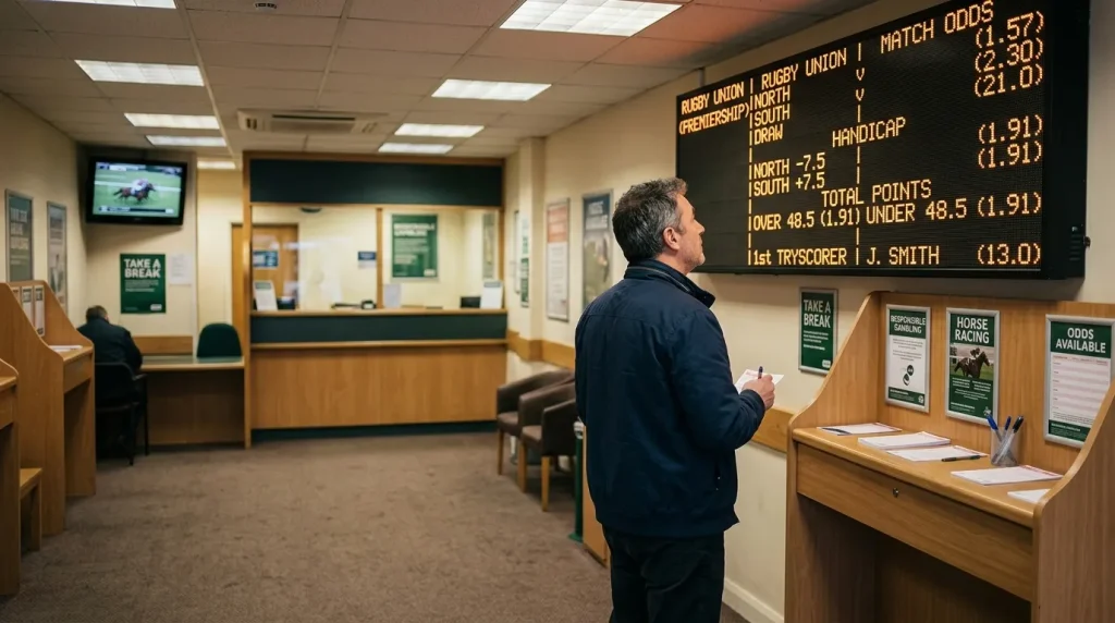 Premiership rugby handicap odds displayed on an electronic price board inside a UK betting shop