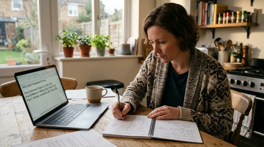 Punter at a kitchen table writing hedge calculations in a notebook beside a laptop showing live tournament prices