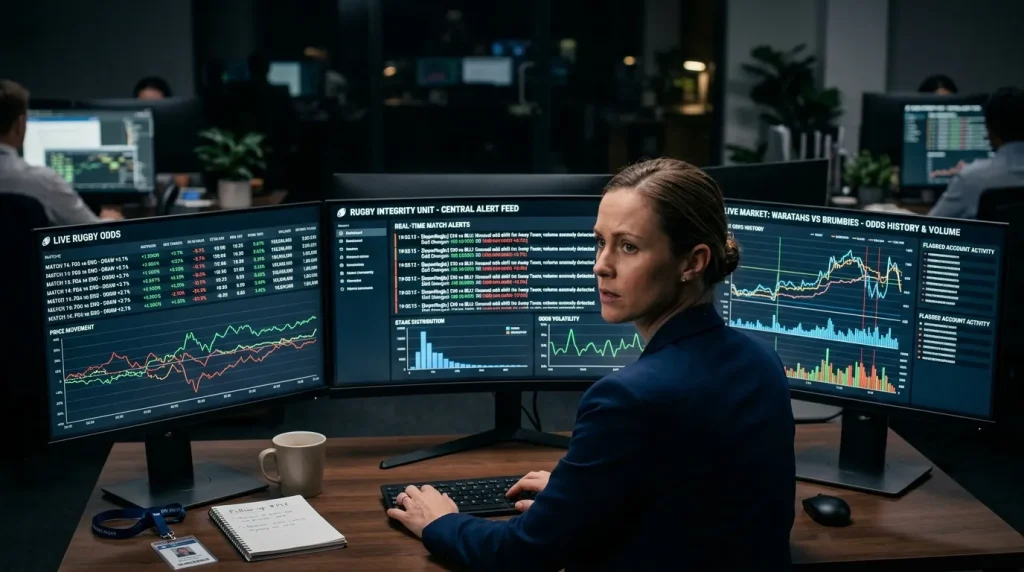 Rugby integrity monitoring desk showing live market alerts on multiple screens
