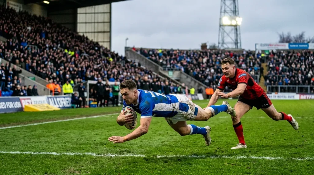 Rugby league winger diving over the line to score a try in a packed northern stadium