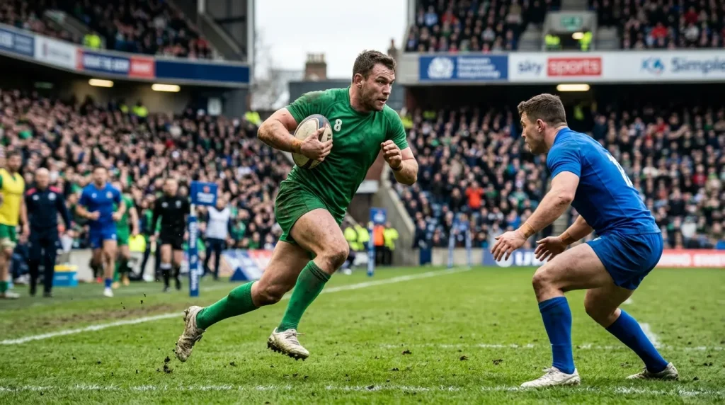 Rugby league players advancing the ball at speed during a Super League match with a six-tackle set in progress