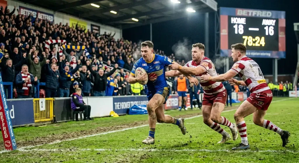 Rugby league play-the-ball moment with tackler releasing and dummy-half collecting