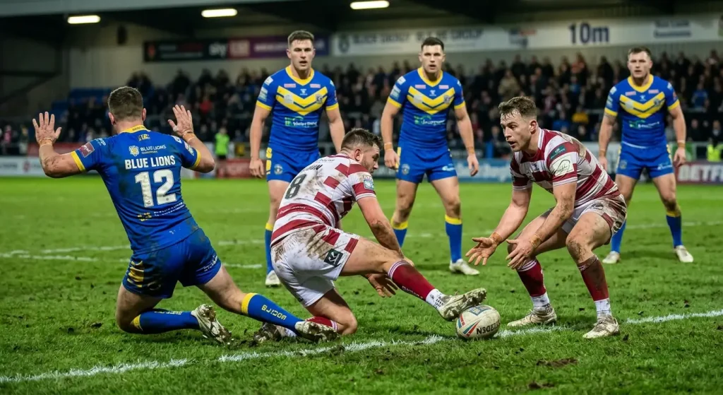 Rugby league match in the closing minutes with the scoreboard visible and possession contested near the try line
