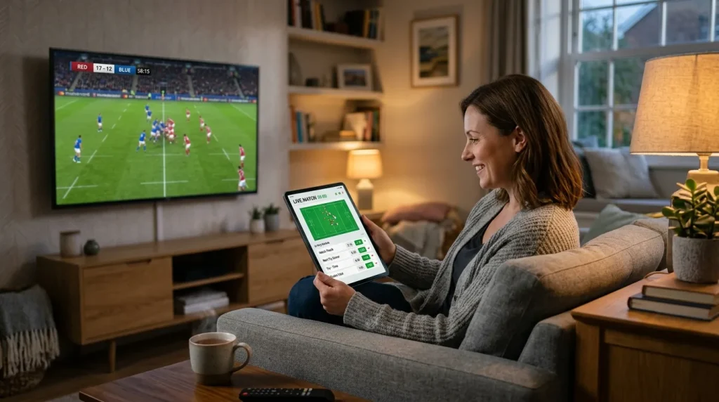 Rugby supporter at home tracking in-play Six Nations odds on a tablet while the match plays on television
