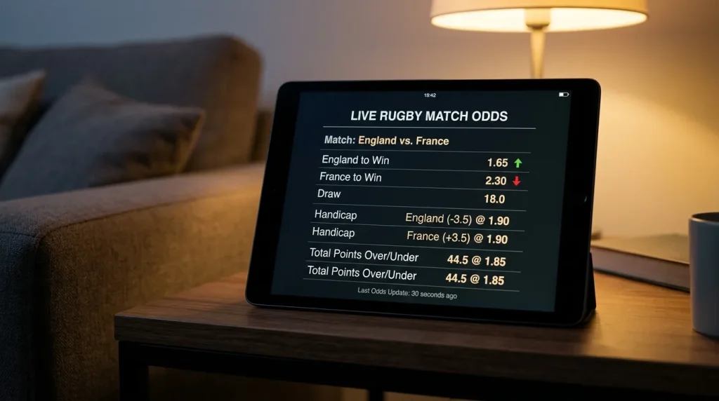 Tablet showing live rugby odds repricing on screen as the match clock advances