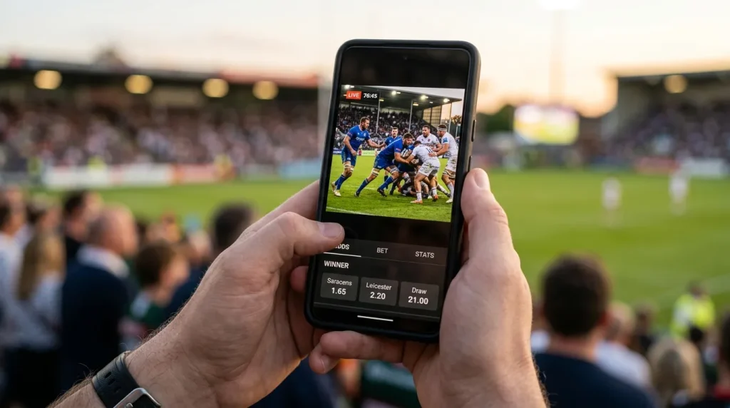 Smartphone showing a live rugby match stream with in-play odds overlaid at the bottom of the screen