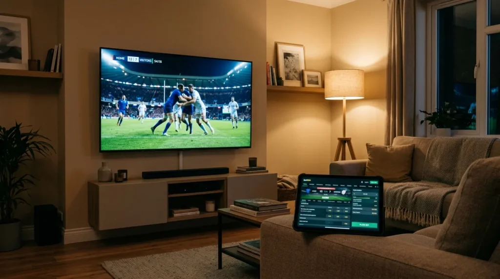 Wide living room scene with a rugby match playing on a large television and a tablet on the sofa arm