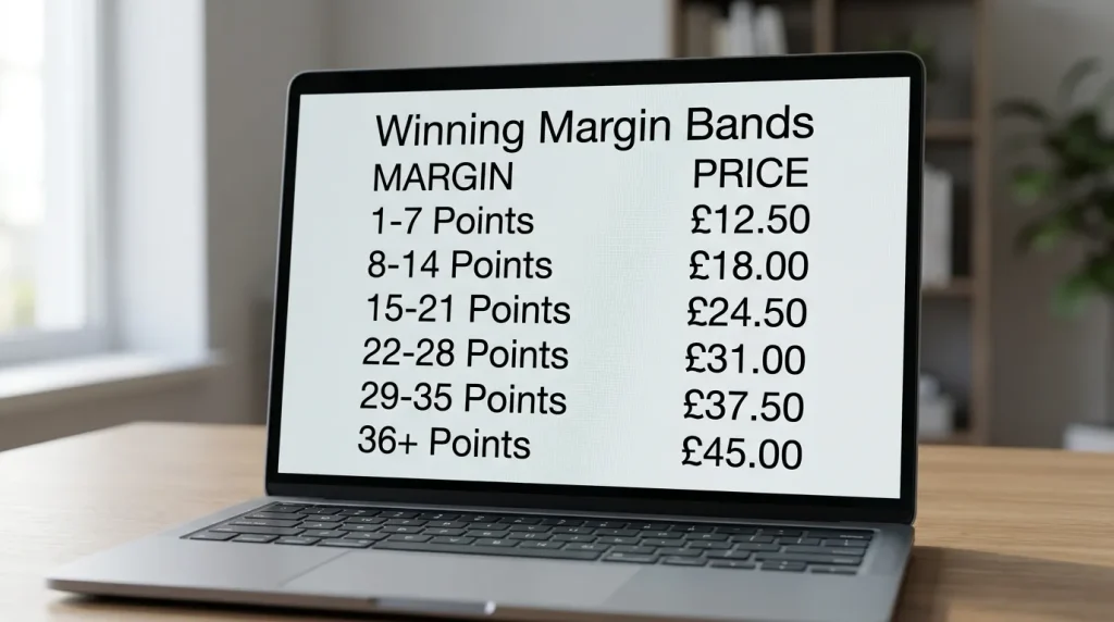 Laptop screen showing the rugby winning margin market with several bands and prices for a single fixture