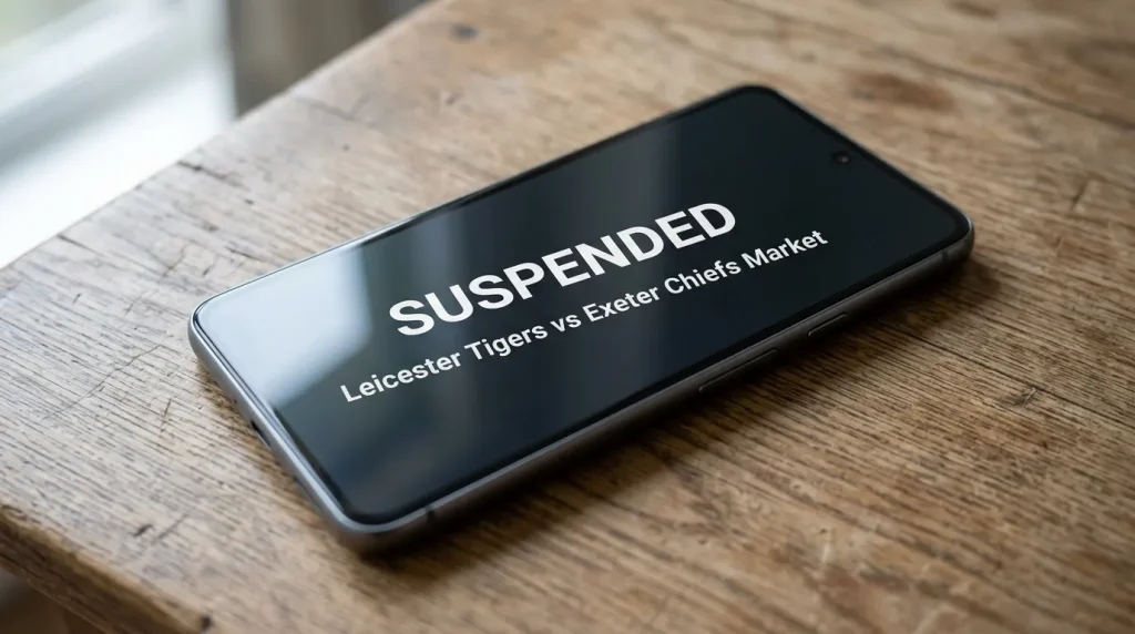 Phone screen showing a SUSPENDED message on a live rugby betting market during a TMO review