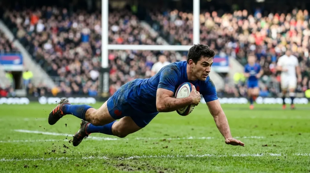 Winger crossing the try line during a rugby union match