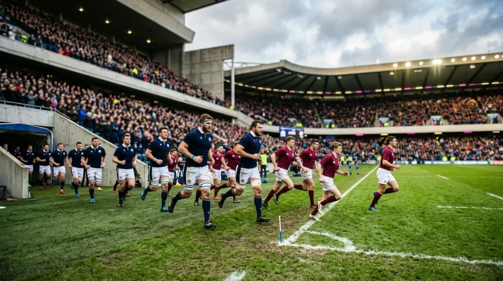 Two rugby union teams of clearly different size and strength running out onto a UK pitch before kickoff