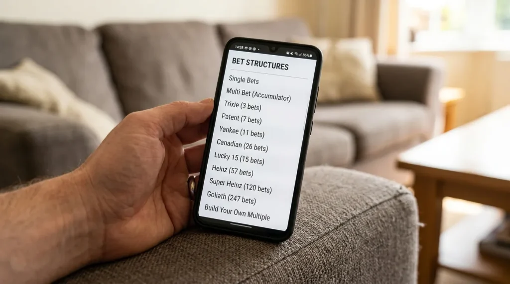 Smartphone showing a betting menu with options for doubles trebles and a four-fold accumulator