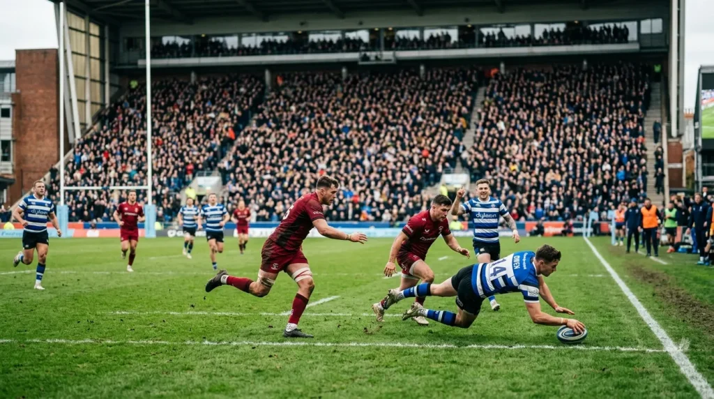 Rugby union match in progress with a try being scored on one wing of the pitch