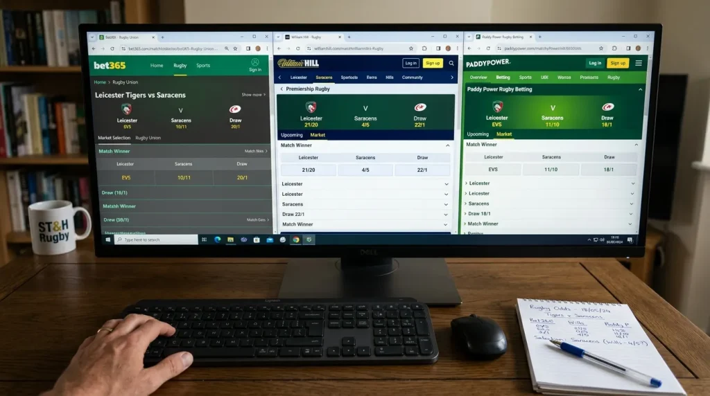 Three rugby betting sites open side by side comparing flat prices on the same fixture