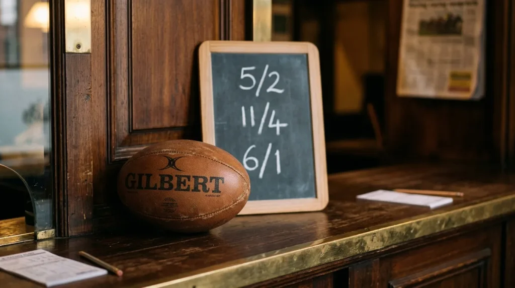 Rugby ball resting on a dark wooden bookmaker counter beside a chalkboard with handwritten odds