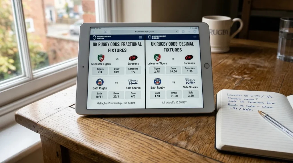 Rugby betting site displaying the same fixture in fractional and decimal odds formats on a tablet