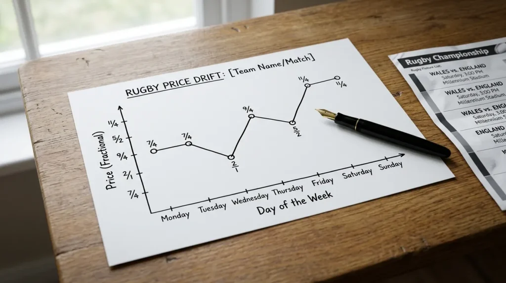 Simple line illustration showing a rugby price drifting from 7/4 to 11/4 across the week
