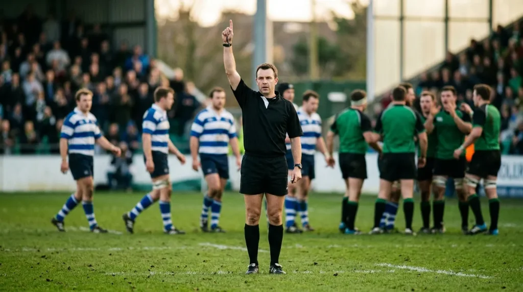 Rugby union referee signalling a penalty try with arms raised in the centre of a UK rugby pitch