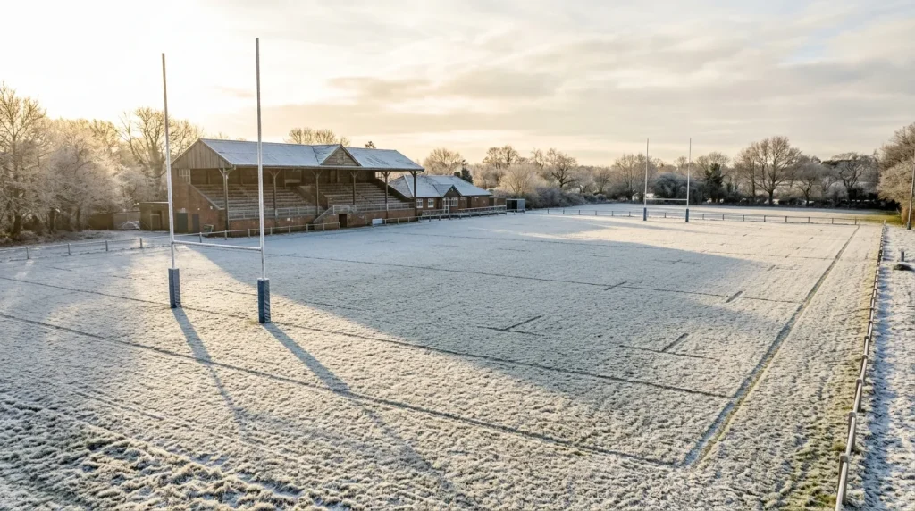 Snow-covered rugby pitch at a UK club ground on a winter morning ahead of a postponed match