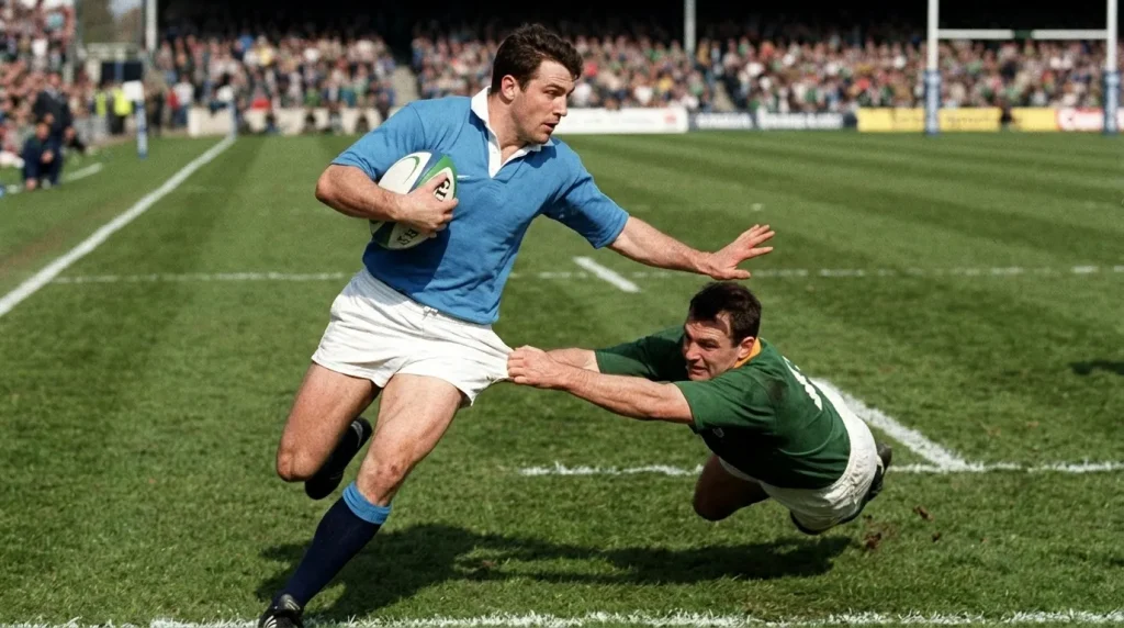 Rugby winger breaking through a tackle in open space during a Test match performance