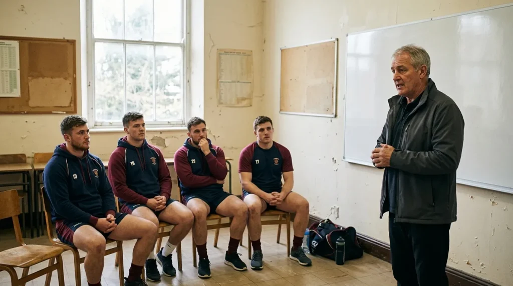 Rugby players sitting in a classroom-style integrity education workshop with a coach