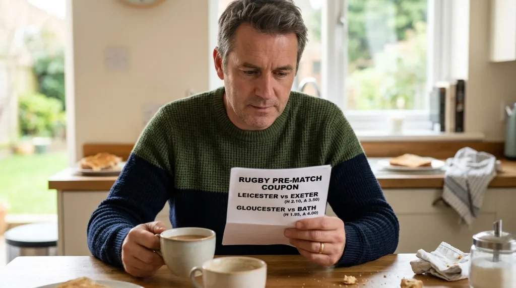 Punter reading a printed rugby pre-match coupon on a Saturday morning at a kitchen table