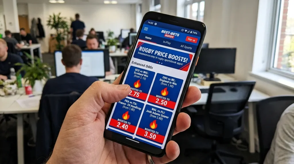 Enhanced rugby odds tile with red flame icon highlighting boosted price on a sportsbook screen
