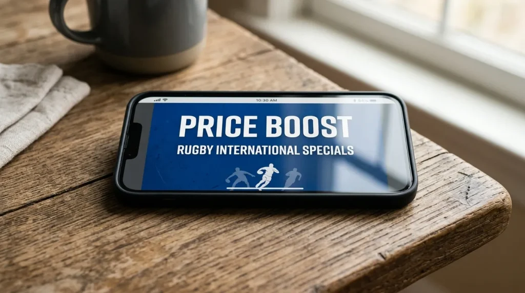 Smartphone screen showing a Six Nations bet builder boost banner with a price uplift highlighted