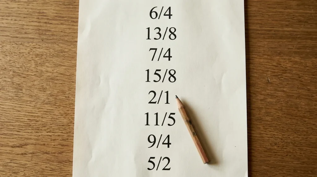 Printed sheet showing standard fractional price ladder for rugby match outcomes