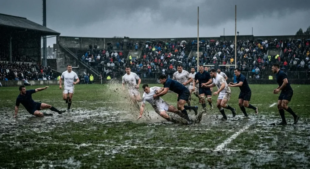 Heavy rain falling on a UK rugby pitch during a match with players slipping on a wet surface